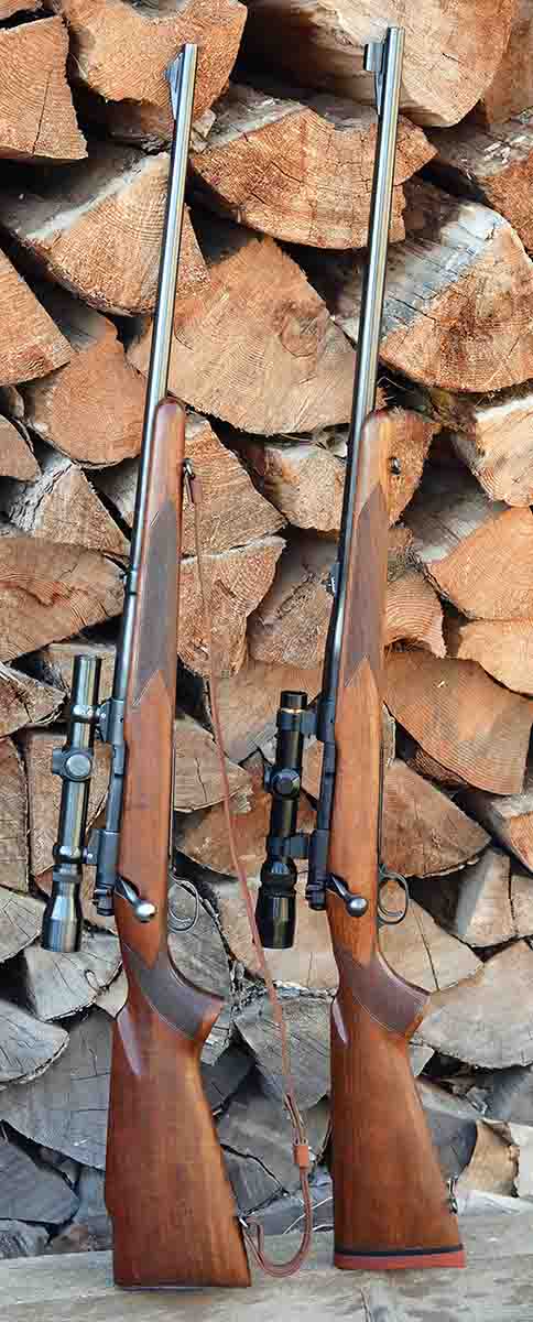 Brian has been using Model 70s since the 1970s and had tried them in almost all calibers offered. He started with a standard-weight 30-06 with a high-comb stock similar to this Elmer Keith-owned rifle (left). Brian has also owned many rifles chambered in 375 H&H Magnum (right).